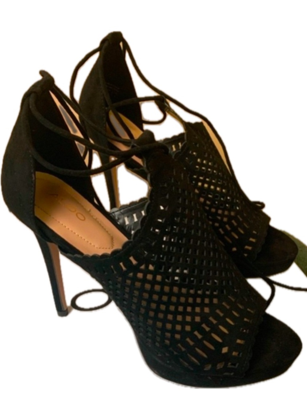 ALDO Black Lace-Up Cutout Stiletto Heels Size 9 Peep Toe Cage Sandals